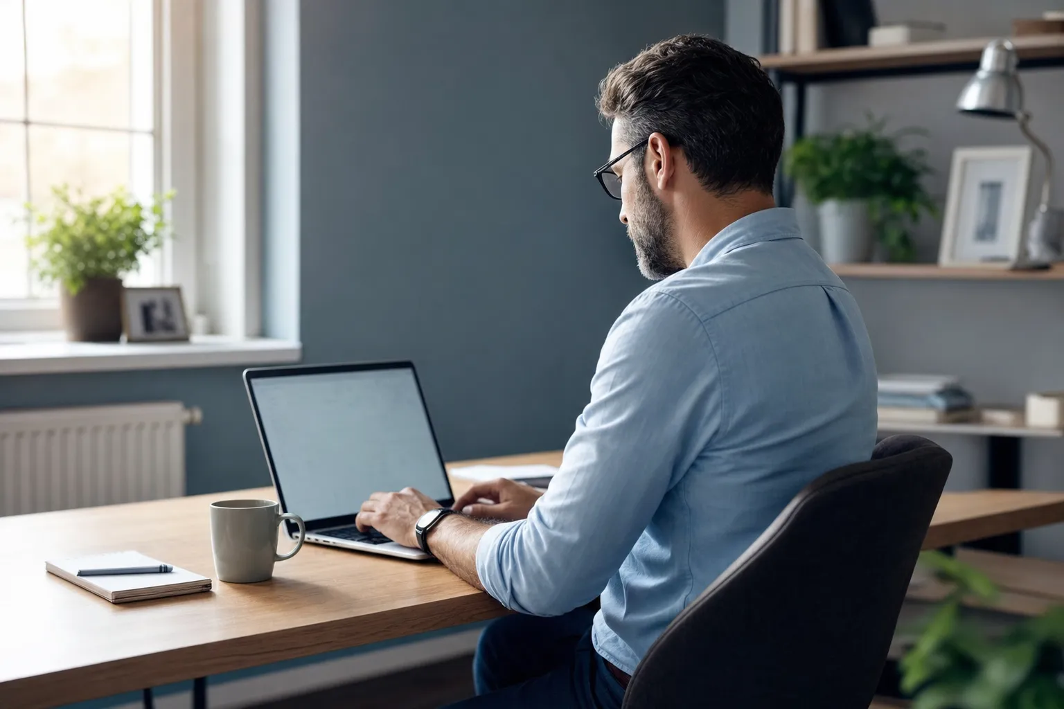 An independent consultant working at a laptop in a bright home office.