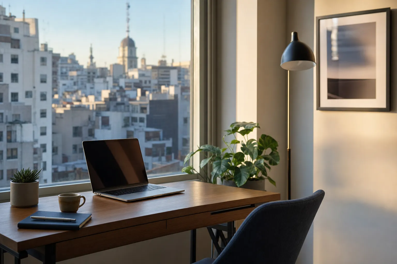 A calm home-office workspace in Buenos Aires, with the city skyline through the window.