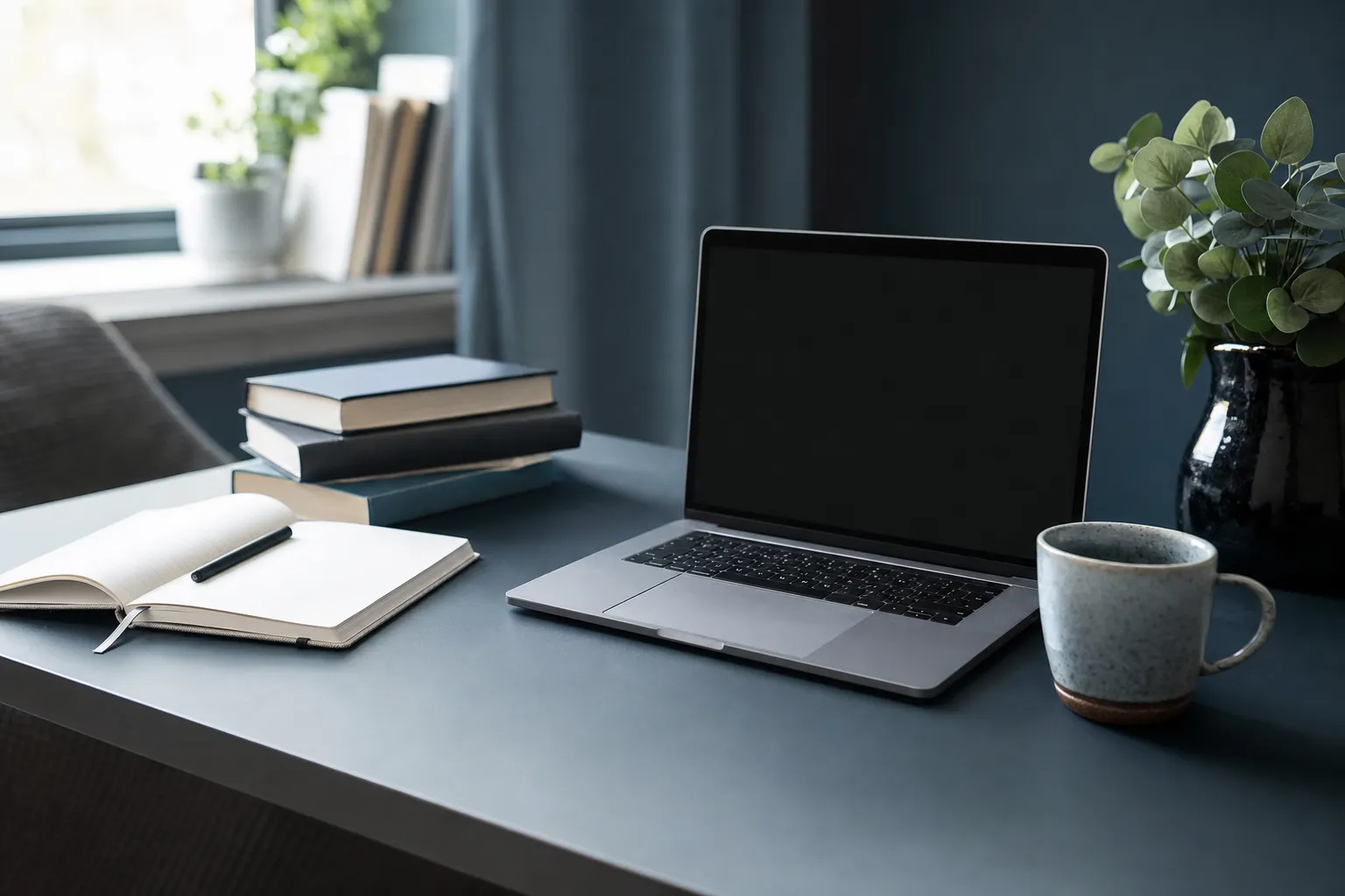 A tidy desk with a laptop, notebook and coffee in soft light.
