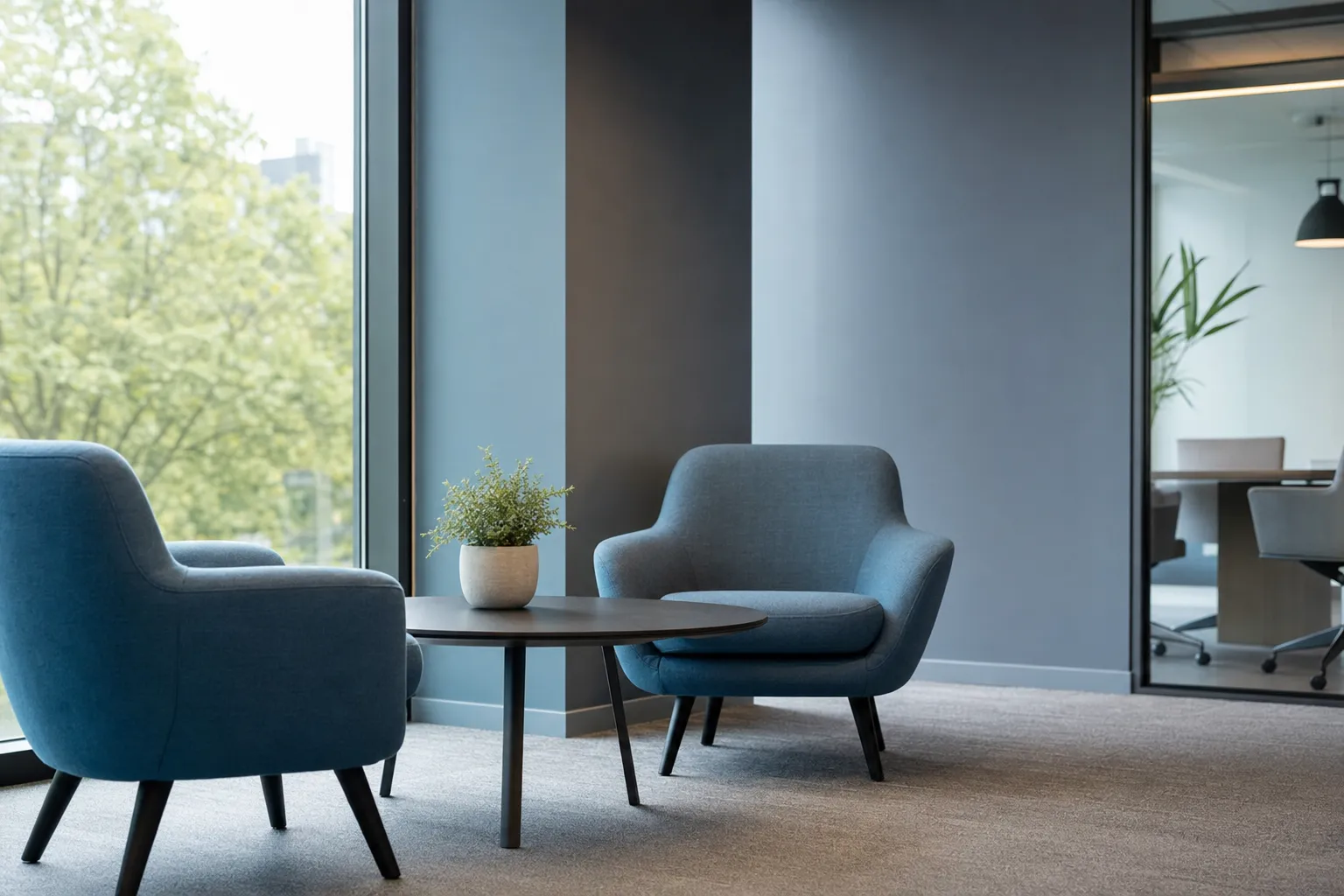A welcoming, minimal office meeting area by a window.