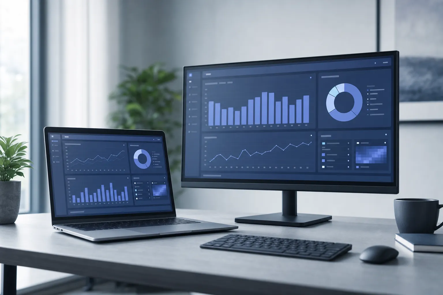 A laptop and monitor showing a software product dashboard.