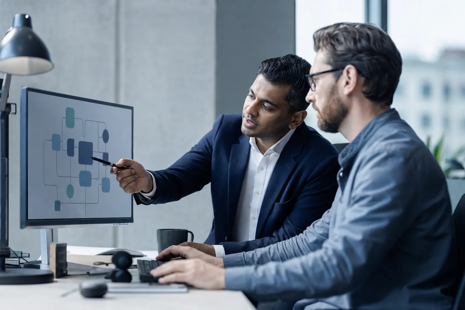 An engineer and a stakeholder reviewing a system architecture diagram.