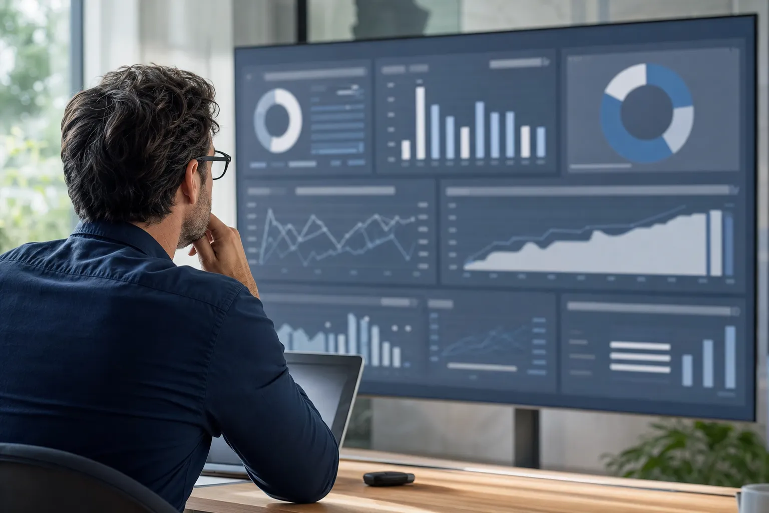 A professional reviewing delivered business dashboards on a large screen.