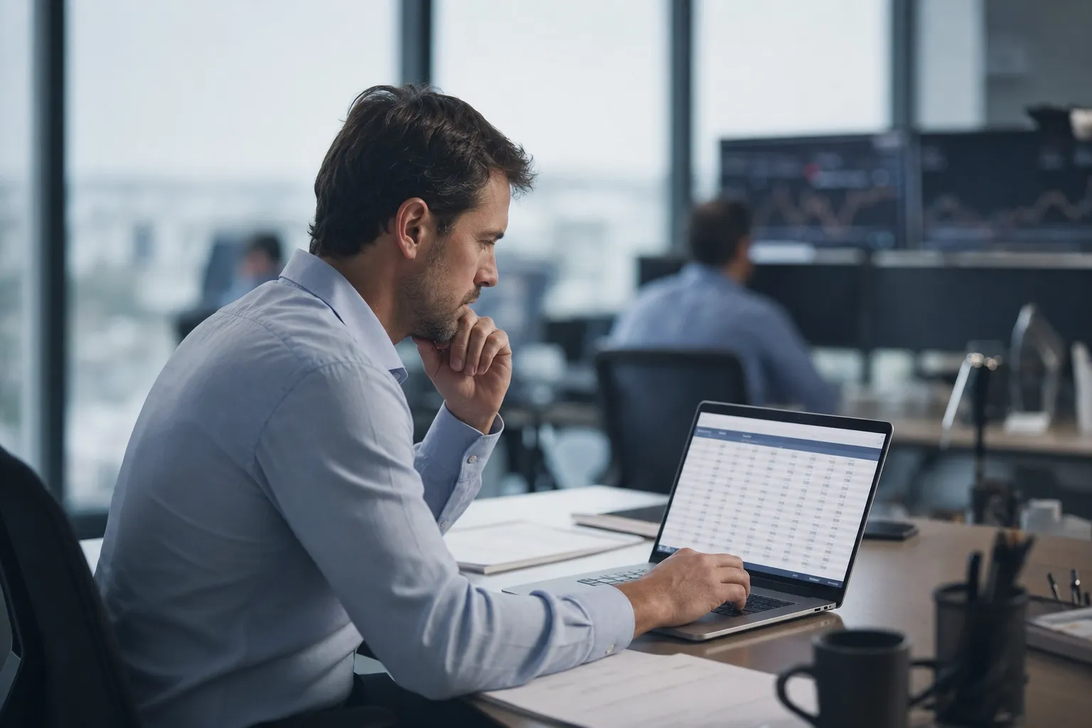 A commodity trading operator reviewing supplier pricing on a laptop.