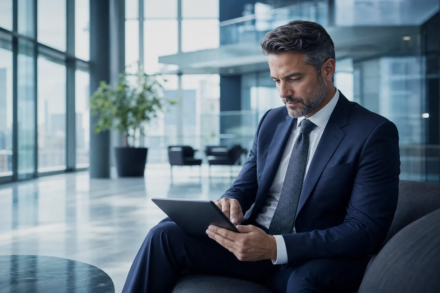 A corporate real estate executive using an interactive decision tool on a tablet.
