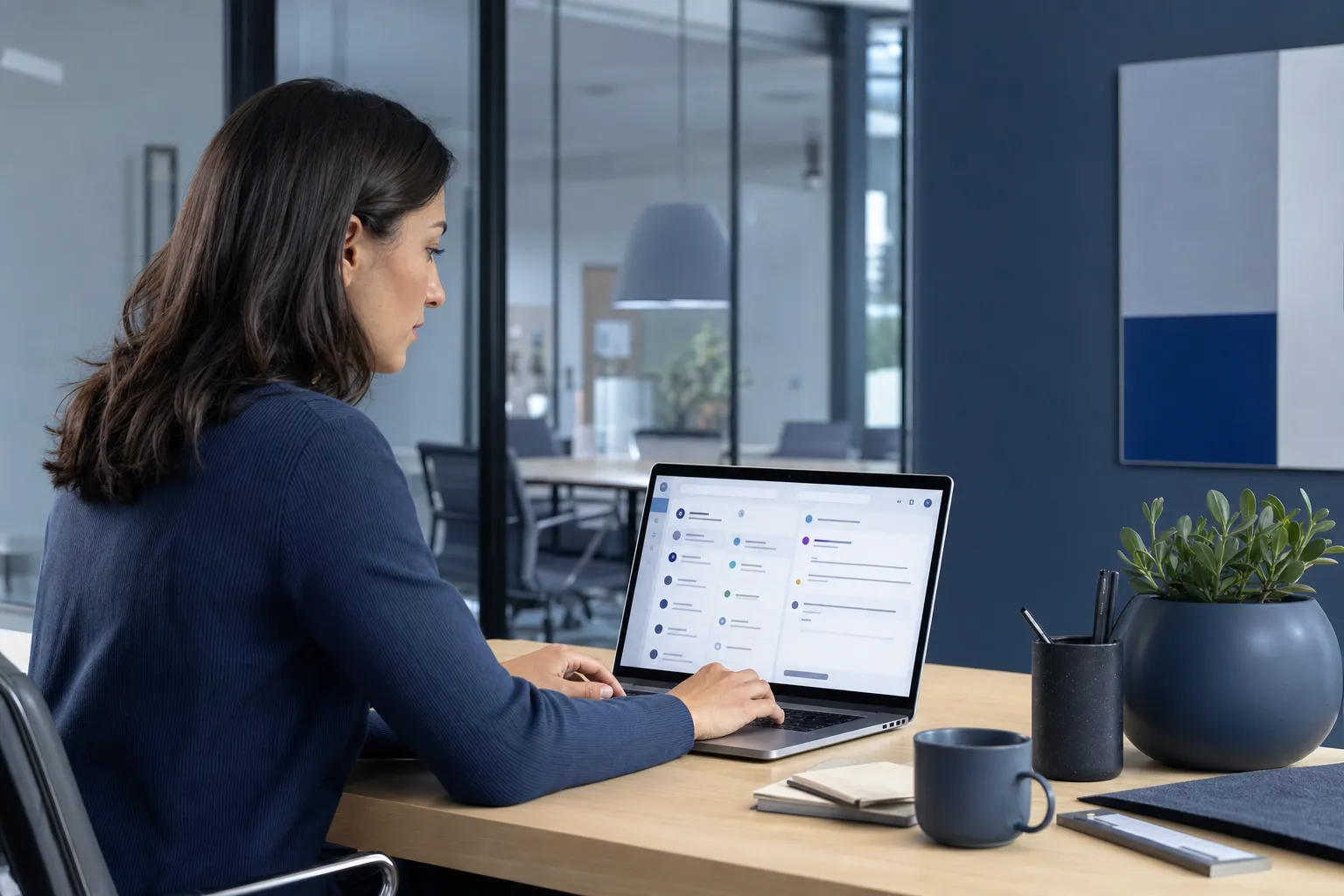 An office fitout coordinator managing incoming enquiries on a laptop.