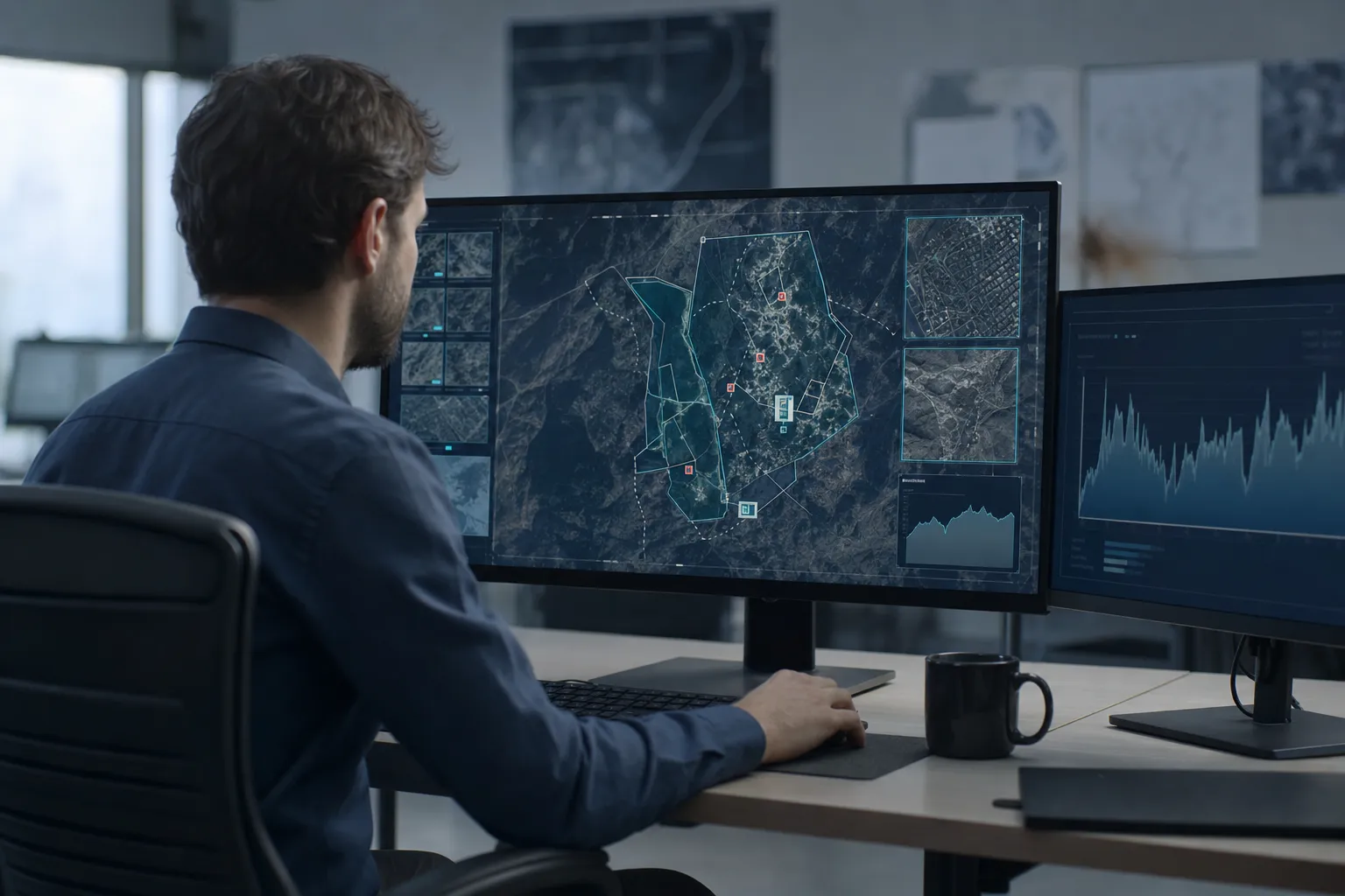 An analyst reviewing satellite imagery with data-analysis overlays on screen.