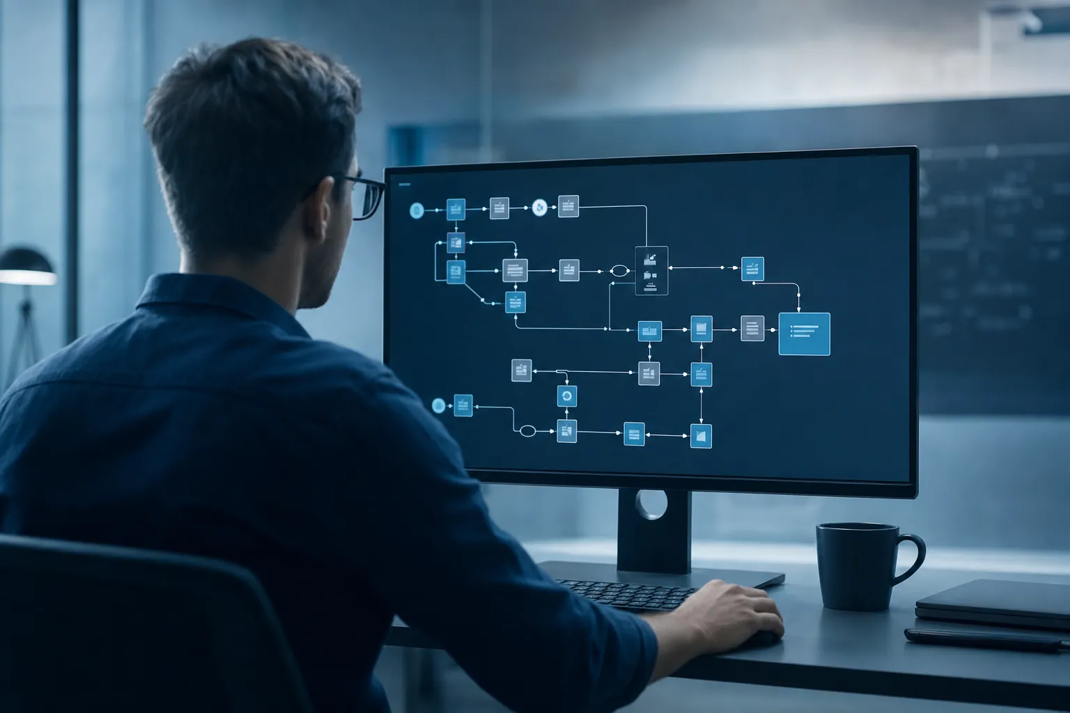 An engineer architecting an end-to-end business automation system on screen.