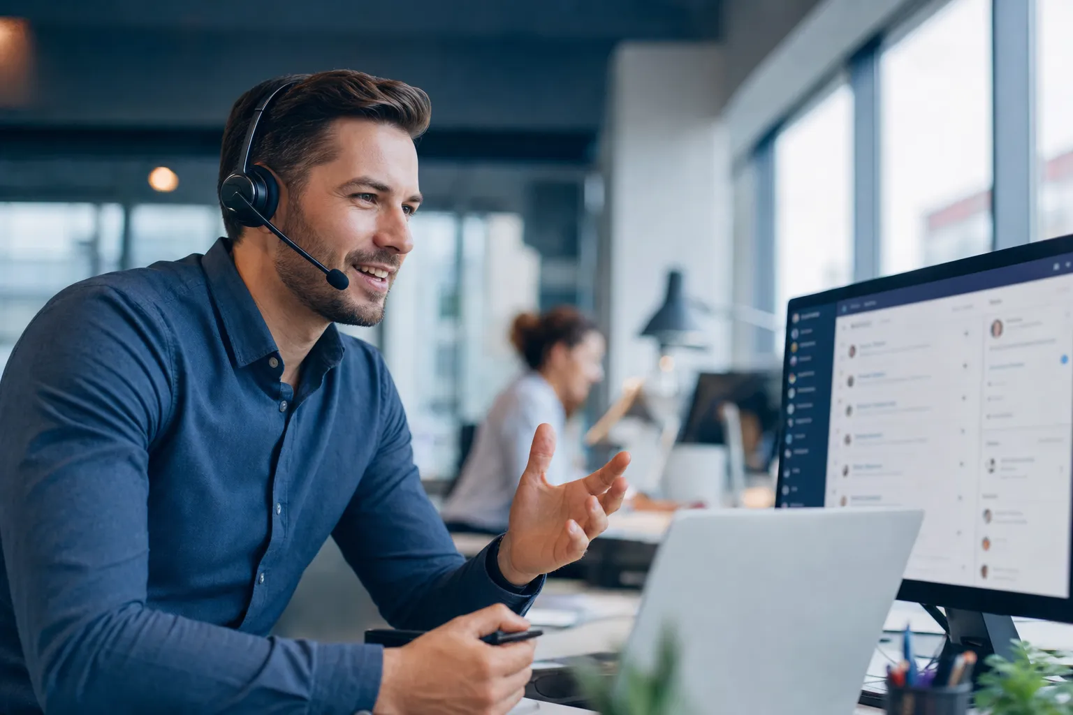 A B2B salesperson on a call, freed up to sell rather than research prospects.
