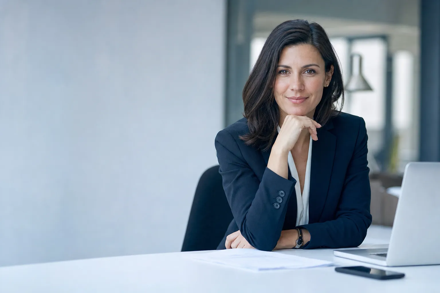 An approachable professional in a modern office, ready to begin a conversation.