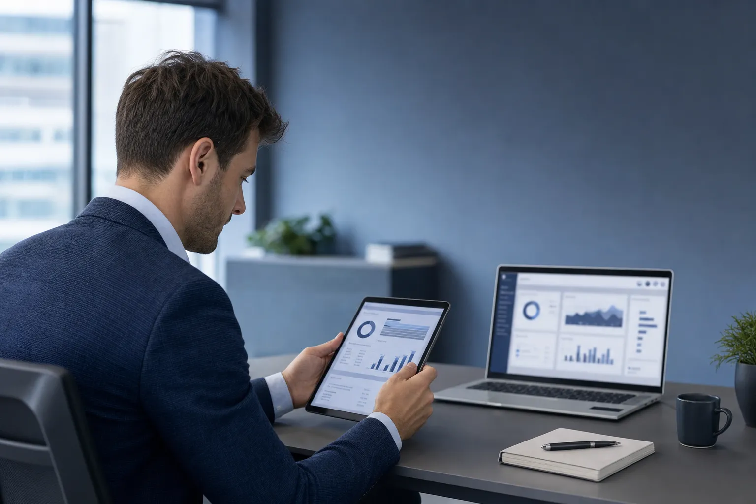 A salesperson reviewing an account-research brief before a client meeting.