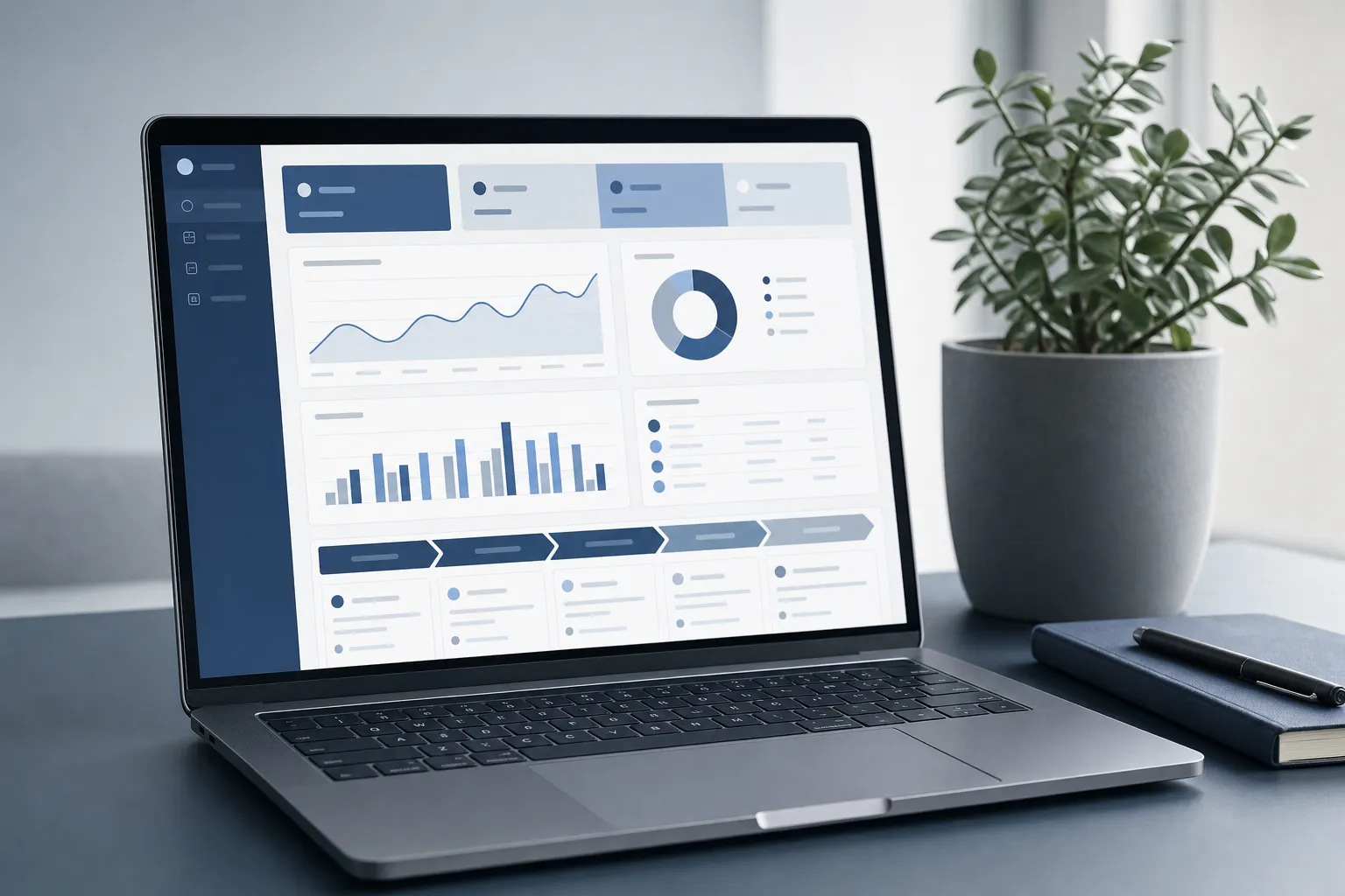 A laptop showing an analytics and CRM product interface on a minimal desk.
