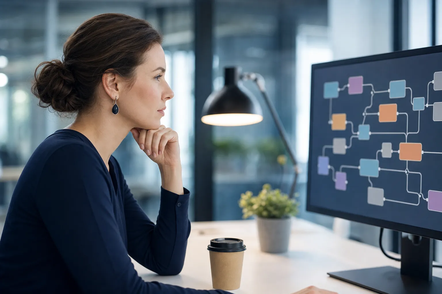 An operations professional reviewing automated workflow status on screen.