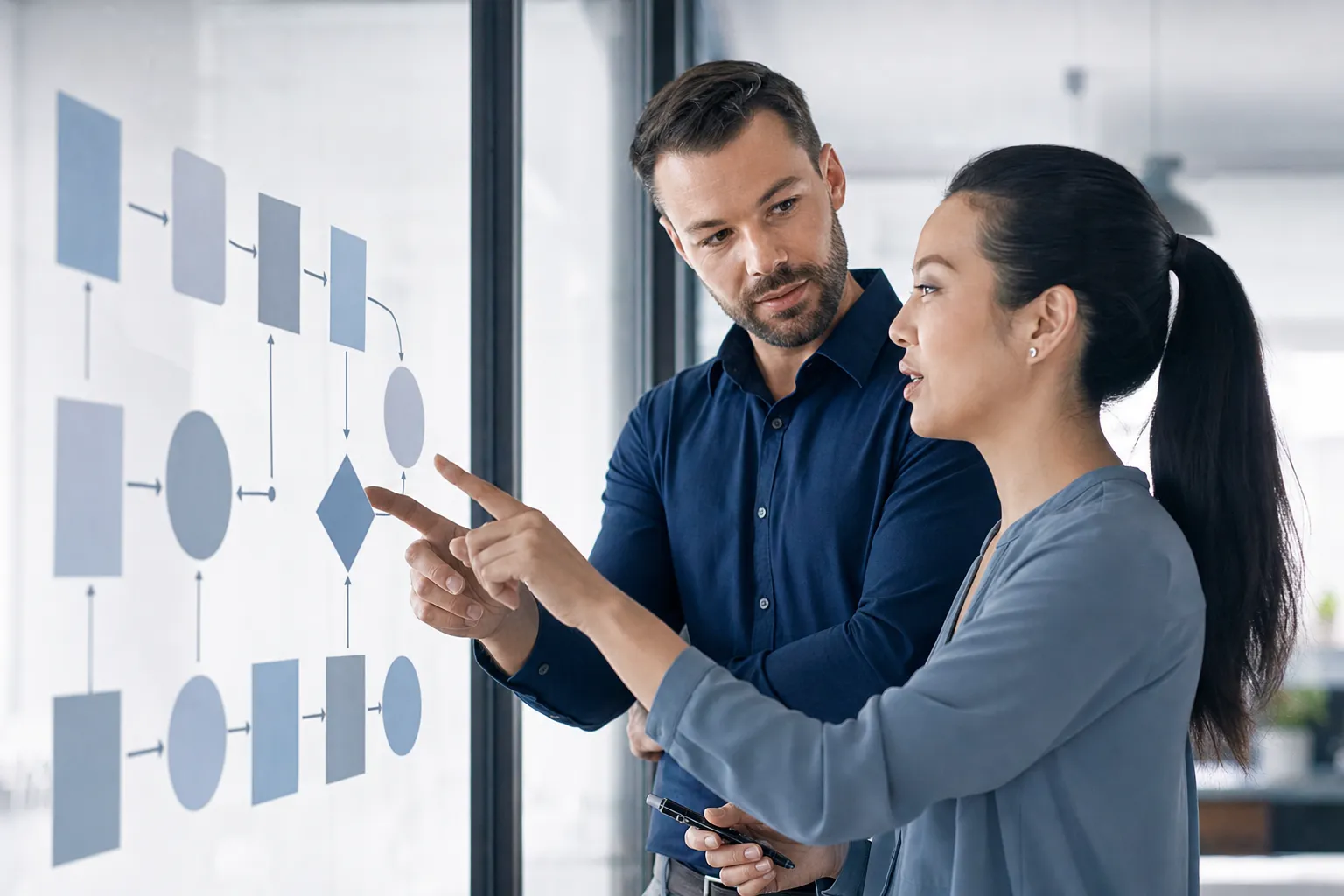Colleagues mapping a business process on a glass wall of diagrams.